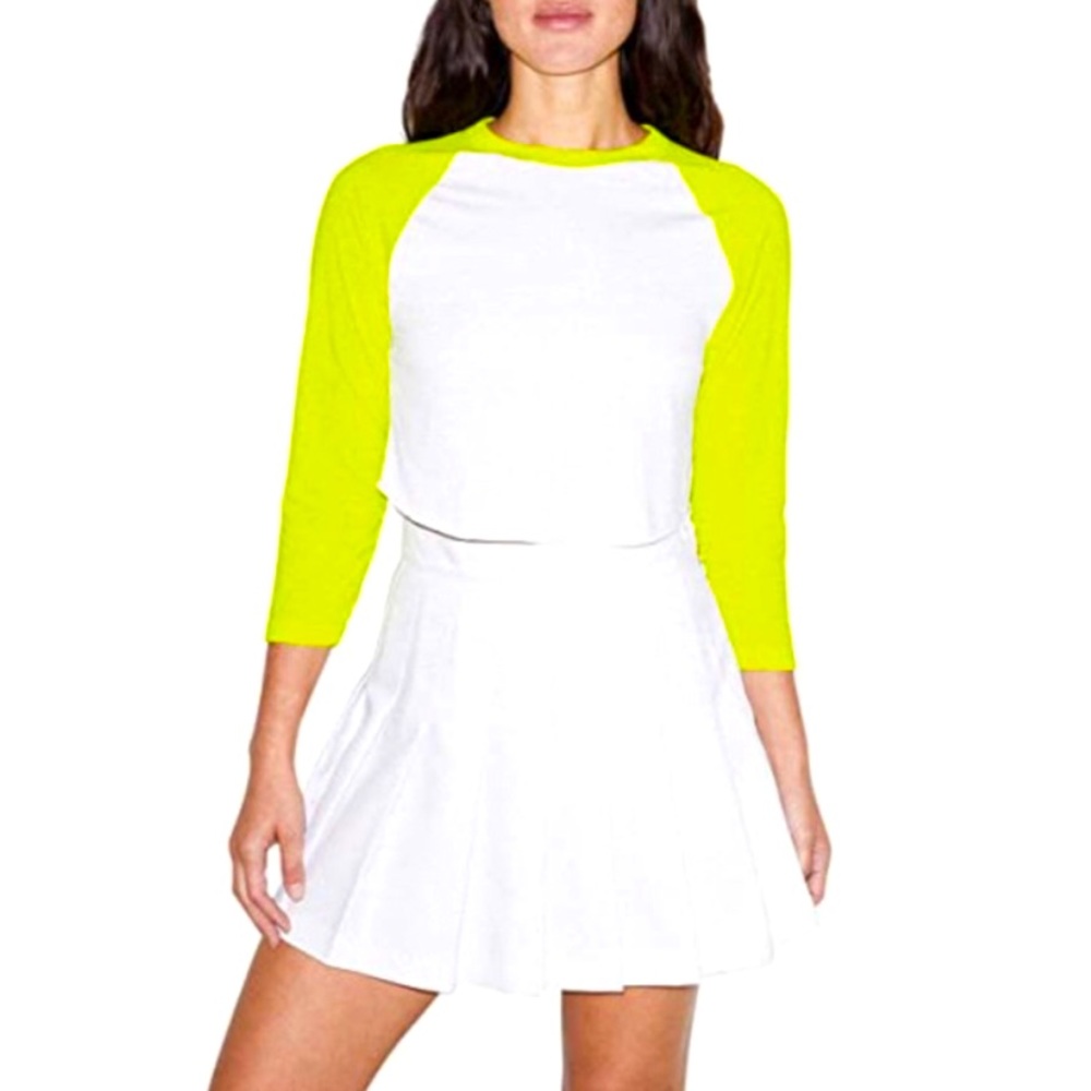American Apparel White Crop Top with Neon Yellow Raglan Sleeves